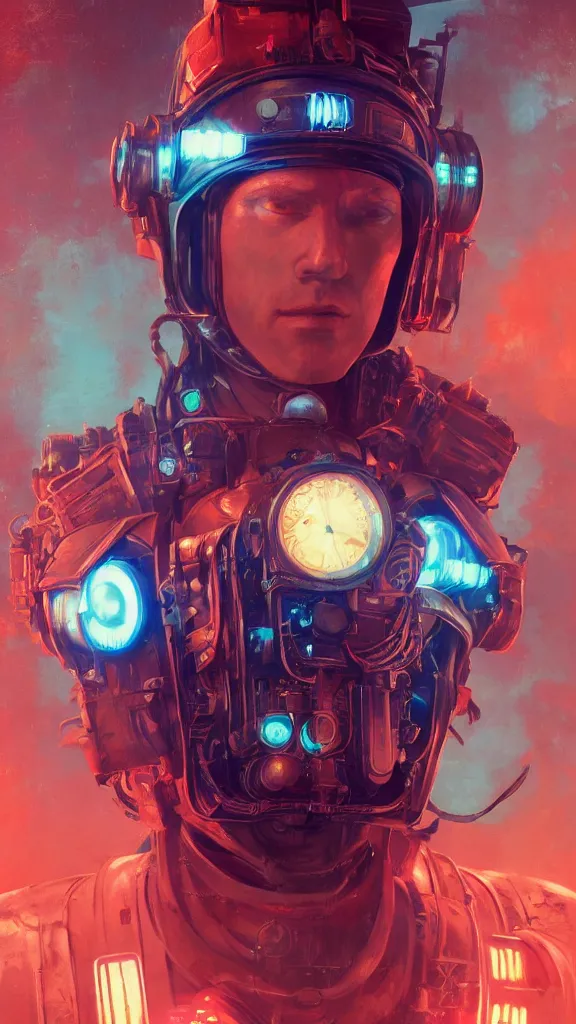 Image similar to concept art, retro - futurist steampunk pilot portrait, imperious, octane render, heroic, artstation, dramatic neon lighting, glowing imperial motifs, eerie, mysterious, red turquoise accents, bladerunner, by gerald brom, james jean, syd mead, akihiko yoshida, cinematic