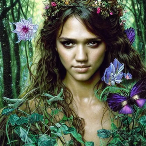 Image similar to head and shoulders portrait of a flowering fey fairy warlock portrayed by young jessica alba, in a magical forest, d & d, fantasy, luis royo, magali villeneuve, donato giancola, wlop, krenz cushart, hans zatka, klimt, alphonse mucha