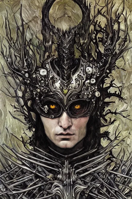 Image similar to The Knight of Bones by Karol Bak, Jean Deville, Gustav Klimt, and Vincent Van Gogh, portrait of a handsome vampire knight in armor, piercing grey eyes, ornate armor covered in thorns, bat wings, ornate dramatic bat wing helmet, hair made of shimmering ghosts, mystic eye, otherworldly, crown made of bones, catacombs, ornate jeweled crown, skulls, fractal structures, arcane, inscribed runes, infernal relics, ornate gilded medieval icon, third eye, spirals