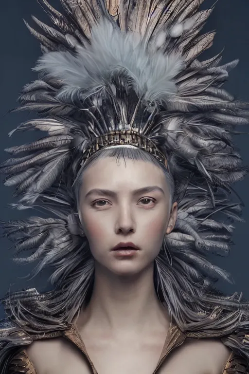 Prompt: a close up matte portrait of an attractive stern fierce 25yo female goddess of nuclear explosions wearing a divine costume with a modular grand headpiece. matte painting portrait by Alessio Albi, Ross Tran, and WLOP, her outfit is made of leather and feathers and was designed by Yoshitaka Amano in the style of an explosion. headshot. trending on artstation, quirky composition, volumetric light, in the style of a 1970s sci fi book cover