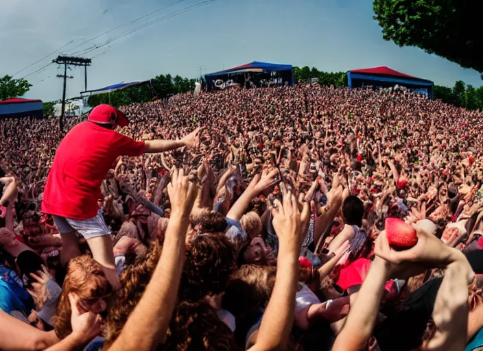 Image similar to photo still of gallagher at vans warped tour!!!!!!!! at age 5 5 years old 5 5 years of age!!!!!!! throwing watermelons into a crowd, 8 k, 8 5 mm f 1. 8, studio lighting, rim light, right side key light