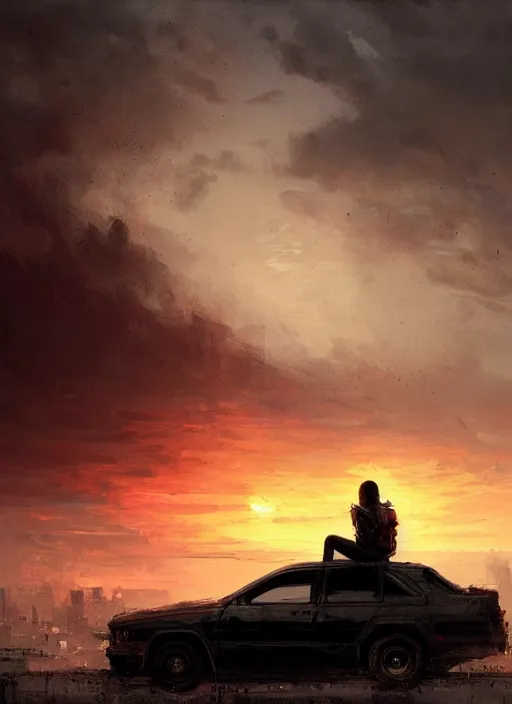 Prompt: apocalypse survivor sitting on car roof looking at the sunset, rule of thirds, intricate, by greg rutkowski, by jeremy mann, digital painting