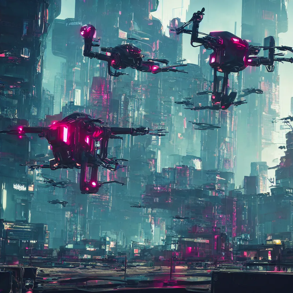 Prompt: evil cyberdrone, punkdrone, looming drone, hovering drone, deadly drone, Cyberpunk 2077. CP2077. 3840 x 2160