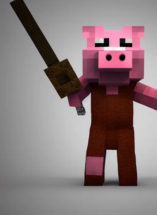 Image similar to pig from minecraft standing upright wearing iron armor and holding a sword, 3 d render, blender, trending on cgsociety