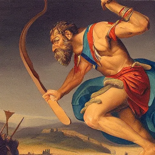 Image similar to high quality high detail painting, of david killing giant goliath