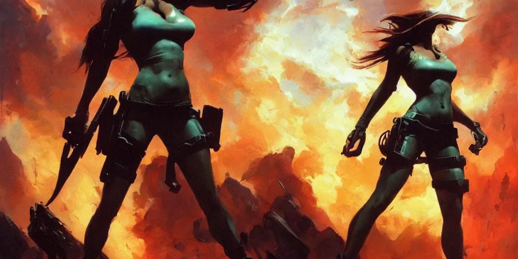 Image similar to an extremely aggressive android Lara Croft, glowing long hair, thunder clouds, painted by Peter Andrew Jones