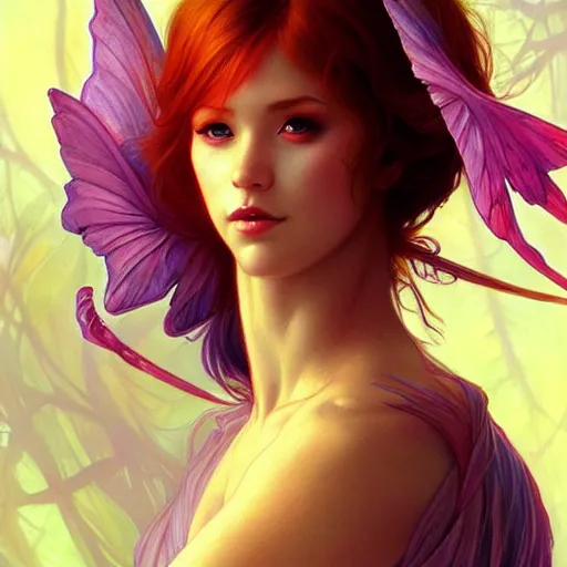 Image similar to beautiful natural fairy small winged redhead martial artist karate fey muscular body, vivid colors, intricate, elegant, highly detailed, digital painting, artstation, concept art, smooth, sharp focus, illustration, art by artgerm and greg rutkowski and alphonse mucha and loish and wlop