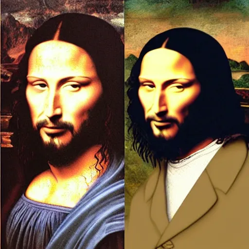 Image similar to painting of keanu reeves with beard in the style of mona lisa, painting by leonardo da vinci