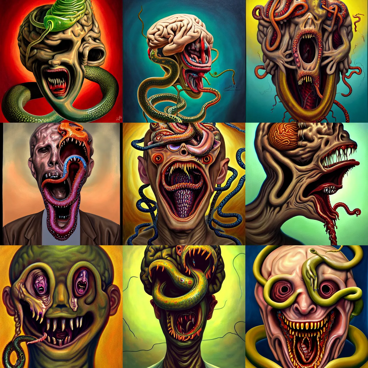 Prompt: a painting of a decapitated screaming man's aged face with biting serpents swarming out of his brain, a surrealist painting, polycount, surrealism, surrealist, lovecraftian, cosmic horror