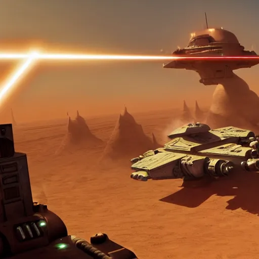 Prompt: Laser Turret shooting into the air at a Ship, Desert Planet, War, Star Wars, Warhammer 40k