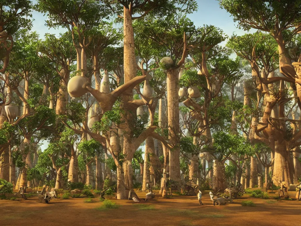 Prompt: a science fiction scene in madagascar with baobabs and lemurs, 4 k