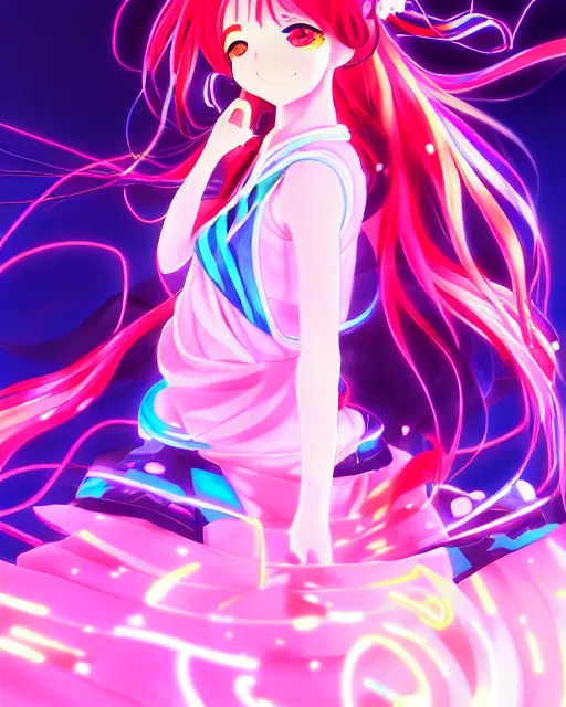 Image similar to anime style, vivid, expressive, full body, 4 k, painting, a cute magical girl idol with a long wavy hair wearing a kimono outfit, correct proportions, stunning, realistic light and shadow effects, neon lights, studio ghibly makoto shinkai yuji yamaguchi