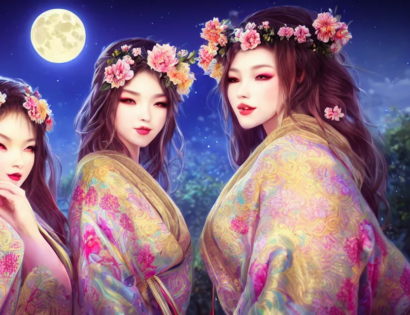 Image similar to two beautiful alluring siberian girls wear fantasy kimono in festival | | sunny night, full moon, dreamlike art, realistic shaded, smile, good looking, hyper details, 4 k realistic, cryengine, realistic shaded lighting poster by artgerm, ross tran, fuji choko, 8 k resolution, trending on artstation, luxury