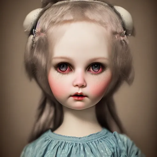 Prompt: cute porcelain doll natalie domer, mark ryden style, vivid colors, high details, cinematic, 8 k resolution, beautiful detailed, photorealistic, digital painting, dark atmosphere, artstation, concept art, smooth, sharp focus, illustration, fantasy background, artstation trending, octane render, unreal engine