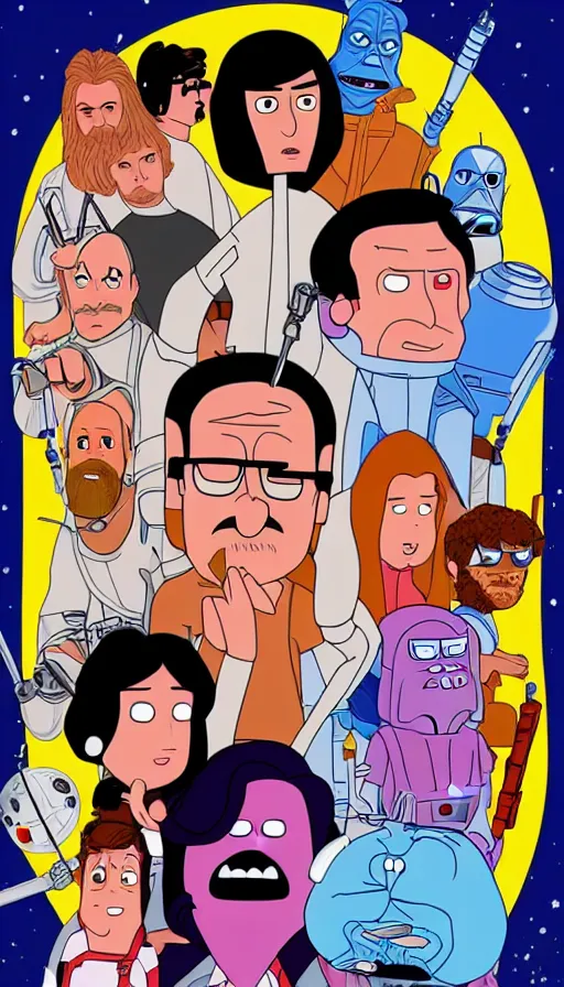 Image similar to movie poster bobs burger cast in star wars, highly detailed, hyper realistic, large text, bright colours