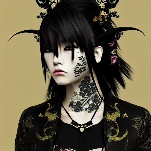 Image similar to japanese gothic model with maximalist hair style and kanji tattoos, dark colors, fashion model, portrait shot, depth of field, 8 k, hyper detailed, intricate, trending on artstation