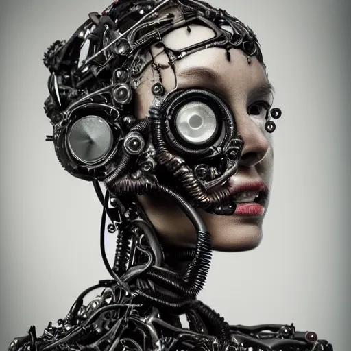 Image similar to a female model by stefan geselle and nekro borja, photorealistic, biomechanical, intricate details, hyper realistic, mechanical, wires, cables headpiece, dark beauty, photorealistic, canon r 3, photography, wide shot, photography, dark beauty, symmetrical features