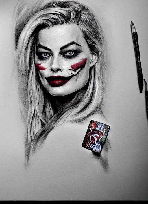 Image similar to tattoo design sketch of beautiful margot robbie portrait with joker makeup, holding an ace card, in the style of den yakovlev, realistic face, black and white, realism tattoo, hyper realistic, highly detailed