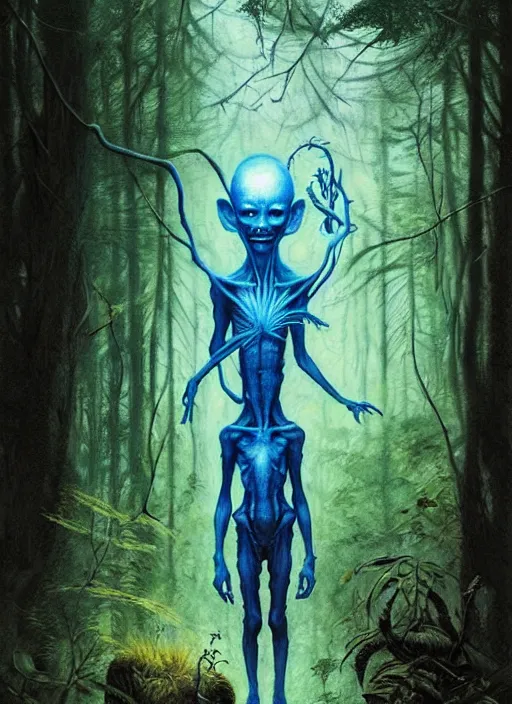 Prompt: hyper realistic magic alien in the woods in a river gorgeous lighting, lush forest foliage blue sky a hyper realistic ink drawing by chiara bautista and beksinski and norman rockwell and greg rutkowski, tom bagshaw weta studio, and lucasfilm