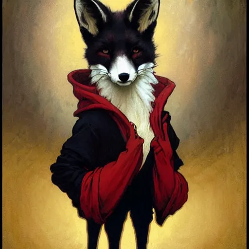 Prompt: anthropomorphic red white and black fox with exquisite tall ears and wearing a nose ring and a black hoodie. Renowned character illustration by greg rutkowski, thomas kindkade, alphonse mucha, loish, norman rockwell.