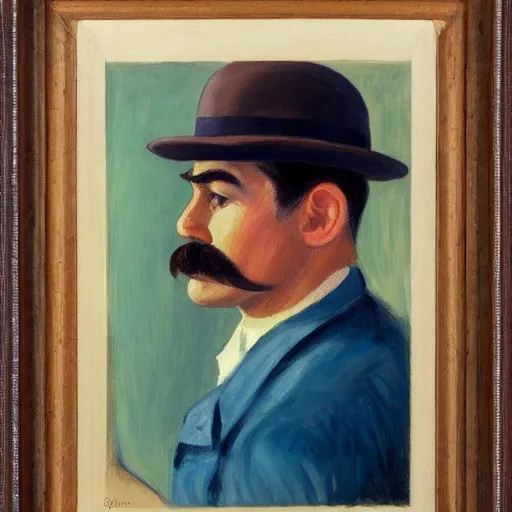 Image similar to a brown haired man with a mustache staring deeply at camera, detailed, edward hopper,