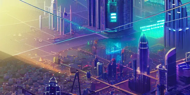 Image similar to glowing chains of interconnected network of technological cubes, in the middle of a futuristic cyberpunk dubai city, in the art style of dan mumford and marc simonetti, atmospheric lighting, intricate, volumetric lighting, beautiful, sharp focus, ultra detailed