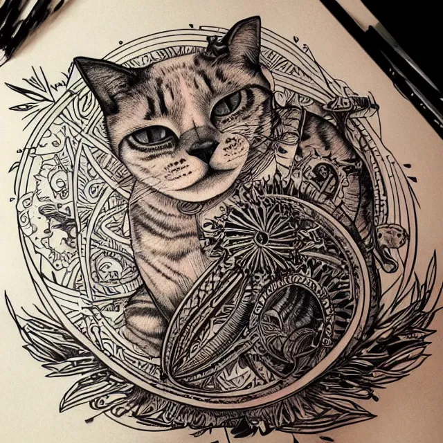 Prompt: tattoo sketch of a cat hugging the sun, on a canva, polynesian style, ornamental, line art, vector, industrial sci - fi, by mandy jurgens, ernst haeckel, james jean