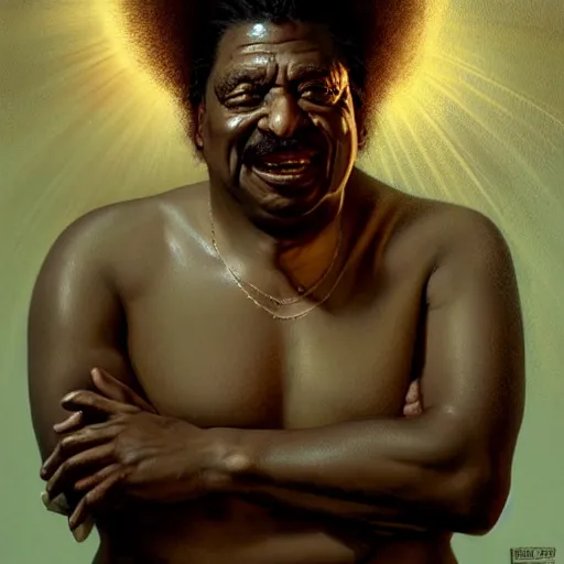 Prompt: portrait of Don King taking a dump, men's bathroom, grunge, feminine ethereal, holy sacred light rays, handsome, volumetric light, D&D, fantasy, intricate, elegant, highly detailed, digital painting, artstation, concept art, matte, sharp focus, illustration, art by Artgerm and Greg Rutkowski and Alphonse Mucha