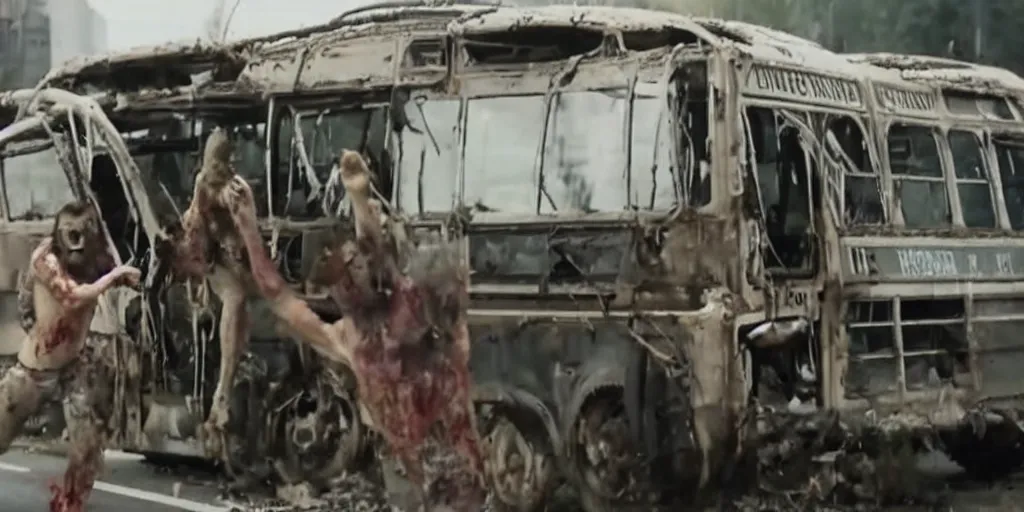 Image similar to a brutal giant zombie try to destroy a bus, still shot from movie