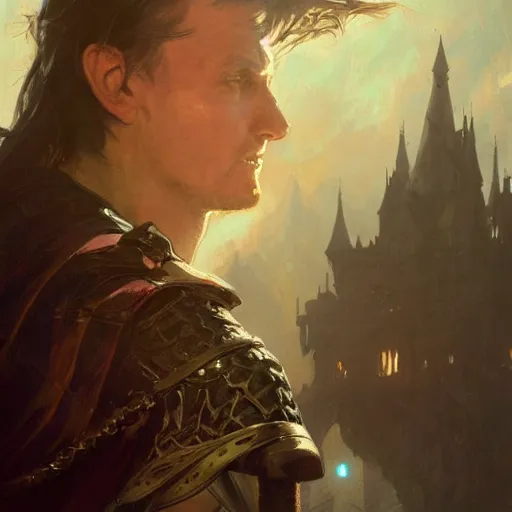 Prompt: closeup portrait of a dungeons and dragons character, dramatic lighting, castle background, gorgeous view, realistic, high detail, depth of field, lightrays, atmospheric, digital art, painted by greg rutkowski, painted by jeremy mann, painted by alphonse mucha, trending on artstation