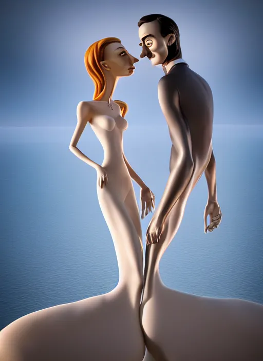 Prompt: style of santiago calatrava and salvador dali, perfectly centered symmetrical balanced male and female portrait of man and woman in love sharing one heart. high coherence ; 3 d cartoon unreal engine pixar 8 k ultra hd