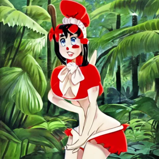 Prompt: a tex avery of reimu in the jungle wearing bonnet