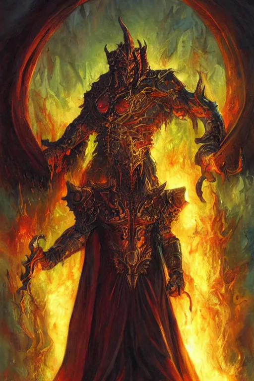 Prompt: The King of Hell standing in front of the neverending halls of hell, artwork by Ralph Horsley