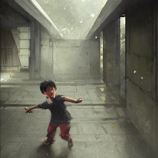 Image similar to a boy playing in a hdb void deck, by greg rutkowski