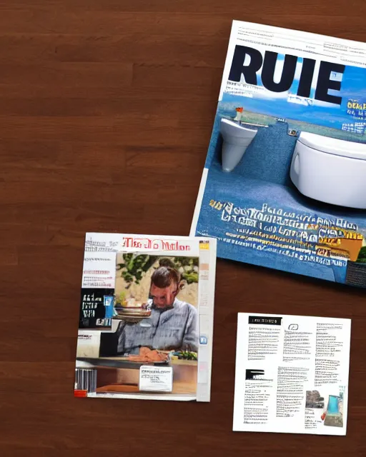 Prompt: a full view of table and magazine with picture of toilet, magazine, zoomed out, zoomed out, zoomed out