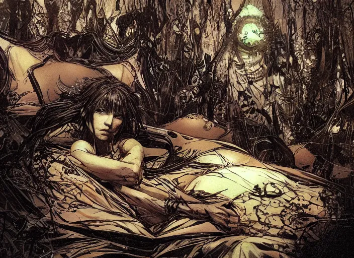 Image similar to my bed is a forest with a giant cthulhuin night and giant eyes dark color by, yoji shinkawa, yoshitaka amano, tsutomu niehi, moebius, donato giancola, trending on artstation, featured on pixiv, cinematic composition