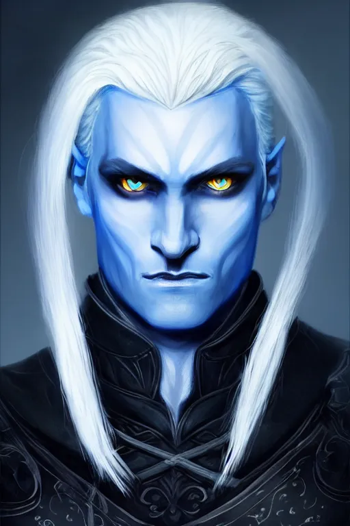 Prompt: male drow with white hair in a pony tail and a goatee and glowing blue eyes wearing black leather armor, fantasy, intricate, elegant, highly detailed, digital painting, artstation, concept art, matte, sharp focus, illustration, art by aenaluck, epic fantasy, moody, dark mood, digital painting