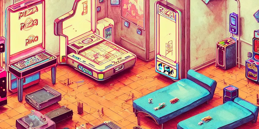 Prompt: retro arcade and pizzeria, the room is delicate and neat, bed is made, sword rack above the bed, detailed, artstation, 8 k, sci - fi, pastel colors, props, panel, concept, simon stalenhag, in watercolor gouache detailed paintings, moebius, blueprint, building, living room, detailed, posters, sofa