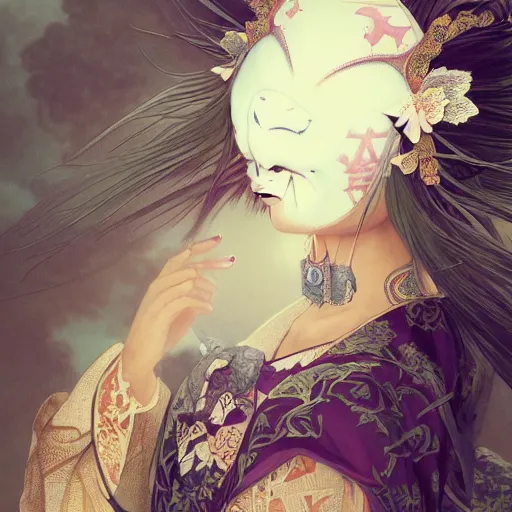 Image similar to a photorealistic dramatic fantasy render of a beautiful woman wearing a beautiful intricately detailed japanese rabbit kitsune mask and clasical japanese kimono by wlop, artgerm, greg rutkowski, alphonse mucha, beautiful dynamic dramatic dark moody lighting, shadows, cinematic atmosphere, artstation, concept design art, octane render, 8 k