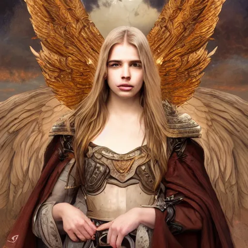 Prompt: portrait of young aasimar angel girl maiden wearing comfy leather armor with beautiful feathered angel wings, cute face, brown eyes, Alison Williams, Emma Roberts, by artgerm and greg rutkowski and alphonse mucha and andrei riabovitchev, 4k oil on linen, vivid colors, colorful, photorealistic, high dynamic range, HDR, intricate, elegant, highly detailed, digital painting, artstation, concept art, smooth, sharp focus, illustration, mid-shot, medium shot, hyperdetailed