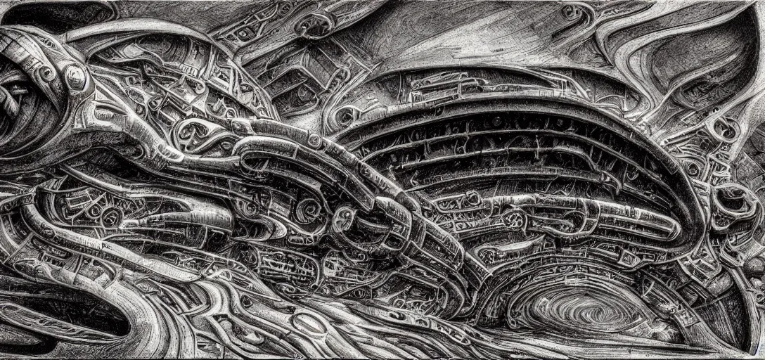 Prompt: Dune spaceship by H.R. Giger taking off from Machu Picchu hidden city, pen and ink, photographic reality, hyperreal , complete scene, ornate, details, smooth, sharp focus, illustration, realistic, cinematic, artstation, award winning, rgb, ethereal blue lighting, biomechanical mask. bio luminescent biomechanical, halo, jellyfish. , unreal engine, octane render, cinematic light, iridescent details, iridescent colors, dichroic, macro, depth of field, blur, 8K,