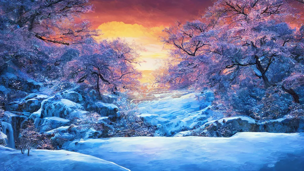 Image similar to winter featured on artstation cherry tree overlooking valley waterfall sunset beautiful image stylized digital art