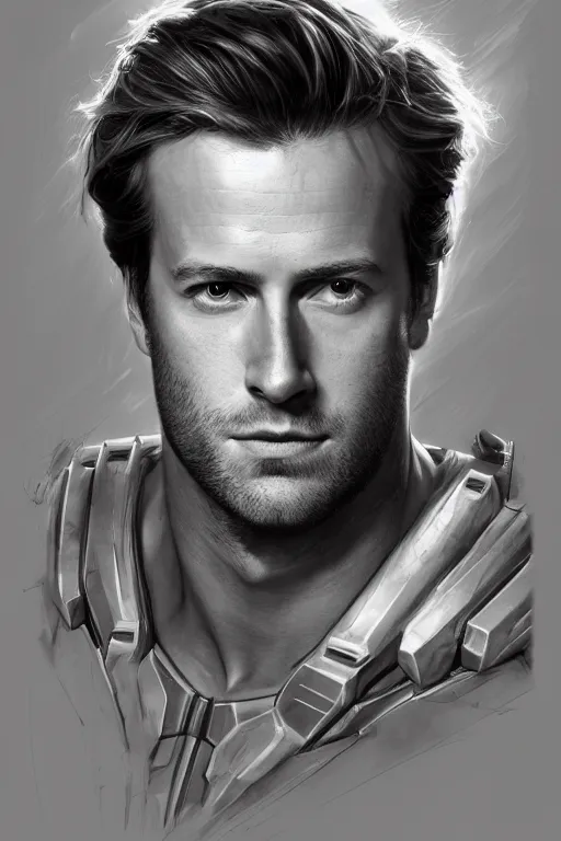 Image similar to portrait of armie hammer, noble, majestic, dc comics, religious art, halo behind head, concept art, moebius, artgerm, strength, trending on artstation