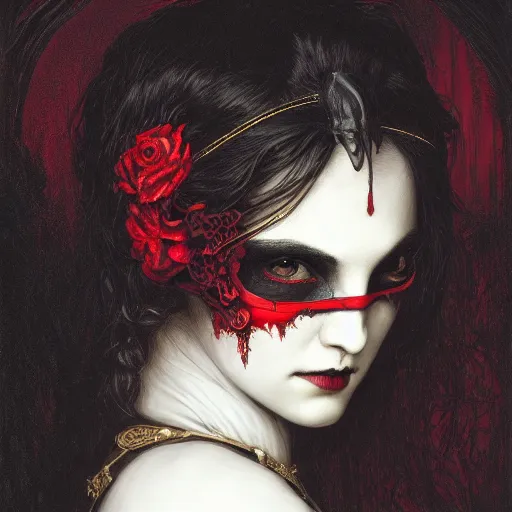 Image similar to gustave dore beautiful desirable vampire girl wearing a ivory skull mask with some crimson, black background, beautifully lit, hyperdetailed, lighting, featured on artstation, by james jean, moebius, cory loftis, craig mullins, rutkowski, mucha klimt and tom bagshaw, 4 k, micro details