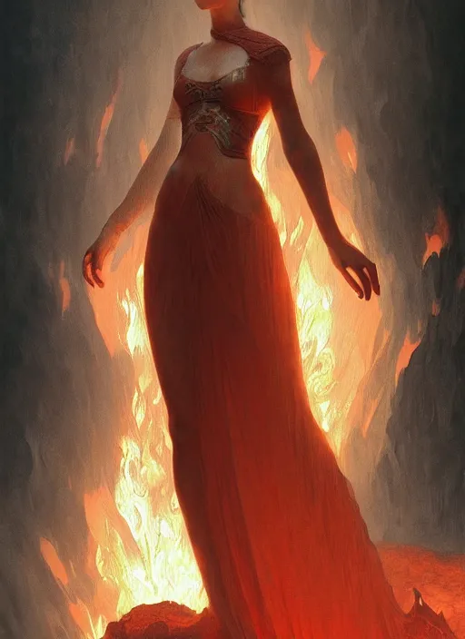 Image similar to Girl at a fashion show in hell, fire, lava, intricate, elegant, highly detailed, artstation, concept art, smooth, sharp focus, illustration, art by and greg rutkowski and orientalism and bouguereau and Zdzislaw Beksinski