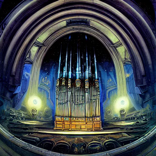 Image similar to pipe organ space opera album cover, style of alan lee, john howe, dramatic lighting, detailed, gothic, ornate, fisheye, tilt shift, bizarre