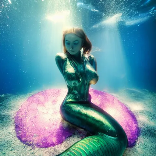 Image similar to beautiful robot mermaid in emotional movement, underwater photography and light scattering, water refractions turned out impressive imho,