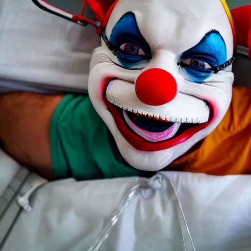 Image similar to confused laughing clown lying in hospital bed with wrist restraints on, restraints have fabric straps attached to hospital bed, photograph, 8 k