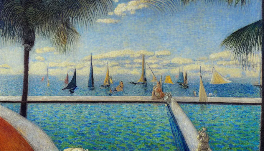 Image similar to a ultradetailed beautiful painting of the night sky of the amazonas pool palace balustrade designed by jules bastien - lepage, tarsila do amaral, frank weston and gustave baumann, beach, trending on artstation, mediterranean, palm trees, sharp focus, sail boats, soft light, 8 k 4 k