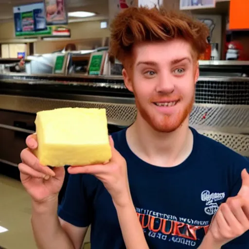 Image similar to photo of a young man with auburn hair, freckles, green eyes, and a kentucky fried chicken employee shirt, holding a piece of cheese shaped like kentucky